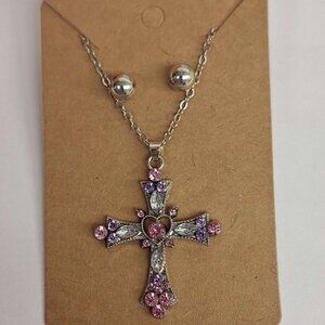 Costume Jewelry Cross Necklace Set Silver Tone Pink Purple Stones 16" Chain NWOT